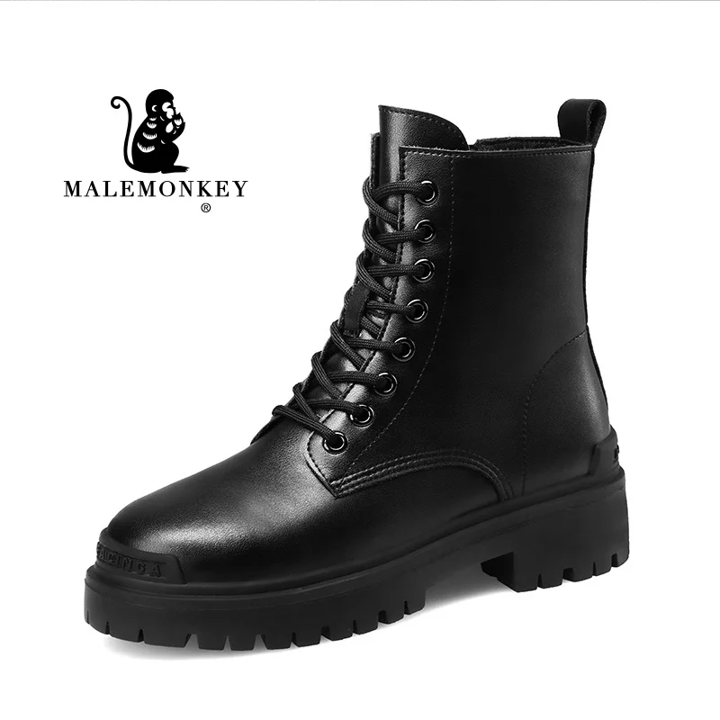 

Black Women Ankle Boots Platform Split Leather 2021 Autumn Winter Side Zip Retro Round Toe Ladies Chunky Heel Shoes Handmade