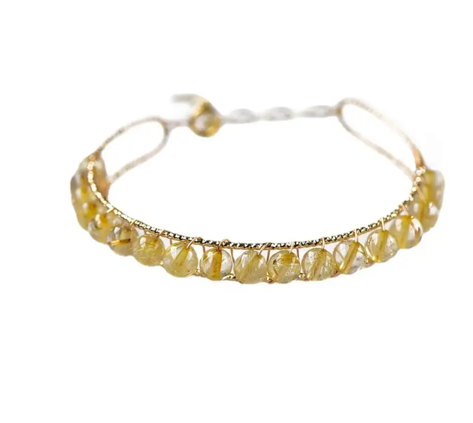 

Natural Titanium Rutilated Genuine Brazilian Yellow Haired Crystal 14k Gold Full Bead Bracelet