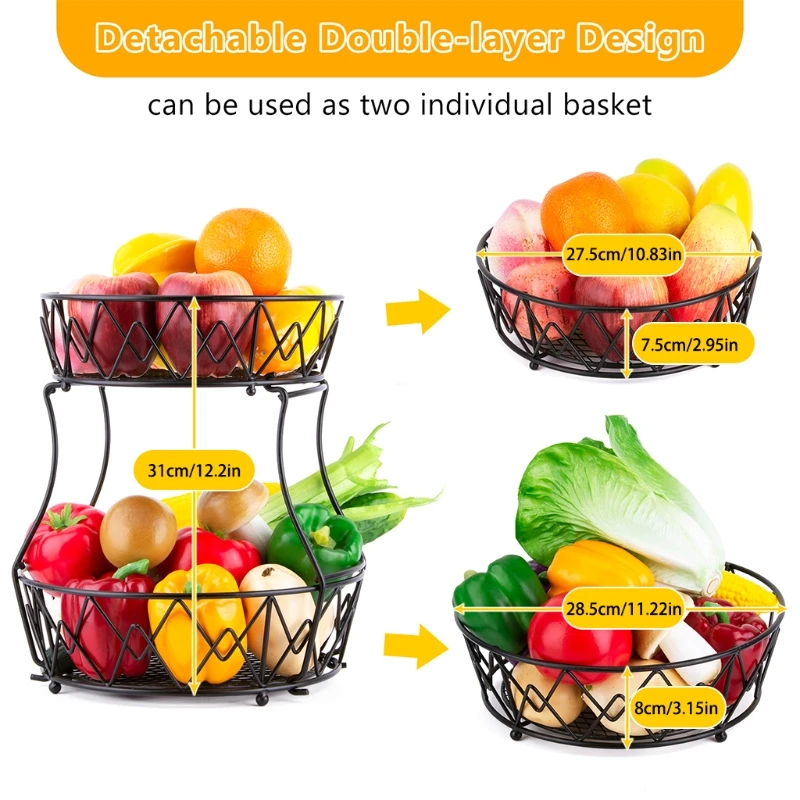 

Detachable Double-layer Round Bowl Shaped Fruit Vegetable Basket Woven Iron Wire Hollow Desktop Storage Stacking for Kitchen Cou