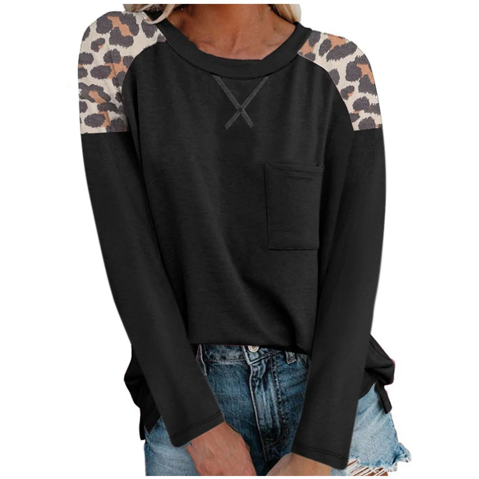 

Футболка женская с леопардовым принтом, модный Свободный Топ с круглым вырезом, Укороченная рубашка с длинным рукавом, Топ в стиле Харадзюк...