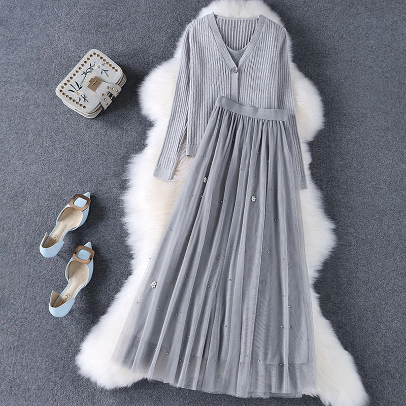 

2021 на весну и осень, 3 предмета в комплекте, новинка, Женские Элегантные повседневные наряды женский топ без рукавов + юбка в сеточку + кардига...