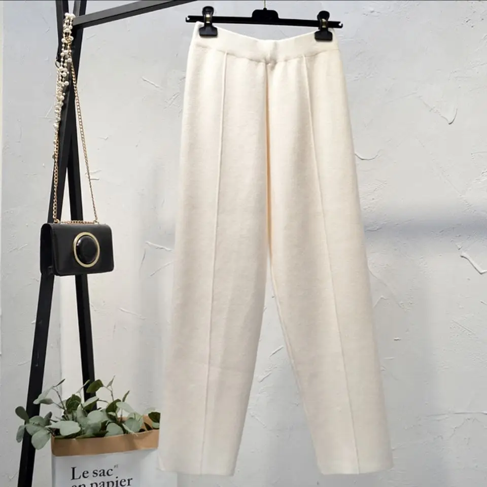 

Women Elastic Waist Loose Trousers Female Solid Color Thick Knitted Harem Pants Autumn Winter Sport Swear Pants New Bottoms A4