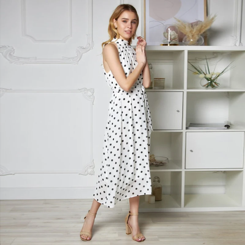 

Женское шифоновое платье MUICHES, прямое платье в горошек, с воротником-стойкой, без рукавов, во французском стиле, 2021