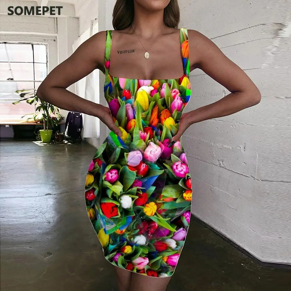

SOMEPET Colorful Dress Women Flowers Sundress Leaf Halter Sleeveless Art 3d Print Womens Clothing Mini Evening Vintage Beach