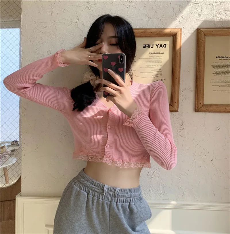 

New Spring V-Neck Solid Color Cardigan Women Korean Casual Long Sleeve Ruched Crop Sweater Sun Protection Ropa Mujer