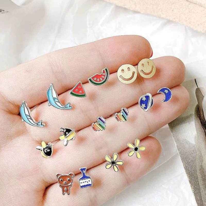 

S925 Silver Earrings Female Temperament Personality Fun Small Ear Bone Nail Drip Glaze Student Short Hair Jewelry Accessories