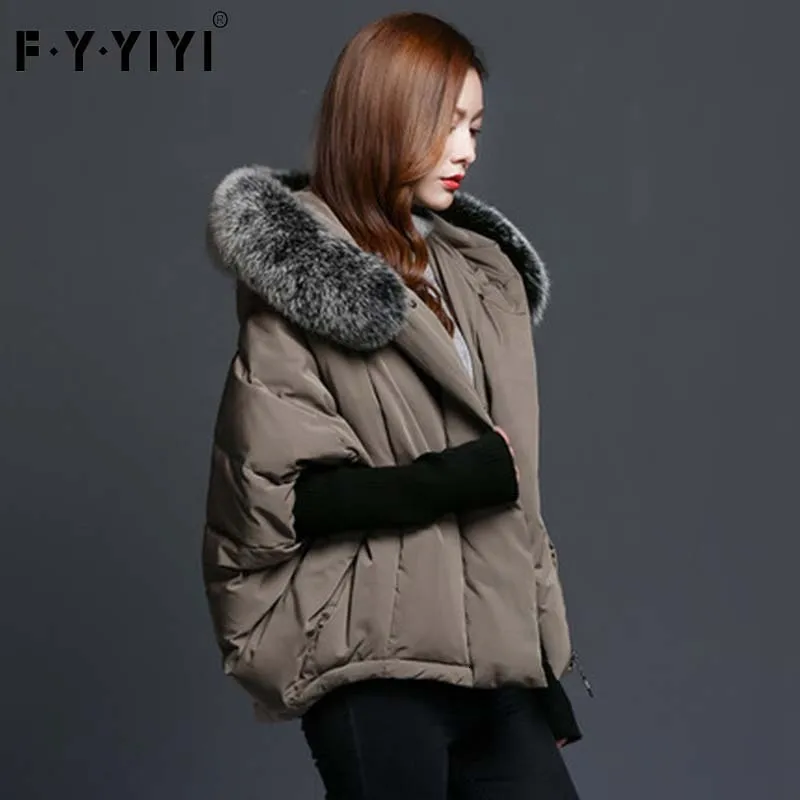 

Vintage Real Natural Big Fox Fur Collar Hooded White Duck Down Cloak Cape Jacket Women Thick Winter Outerwear Ladies Coat