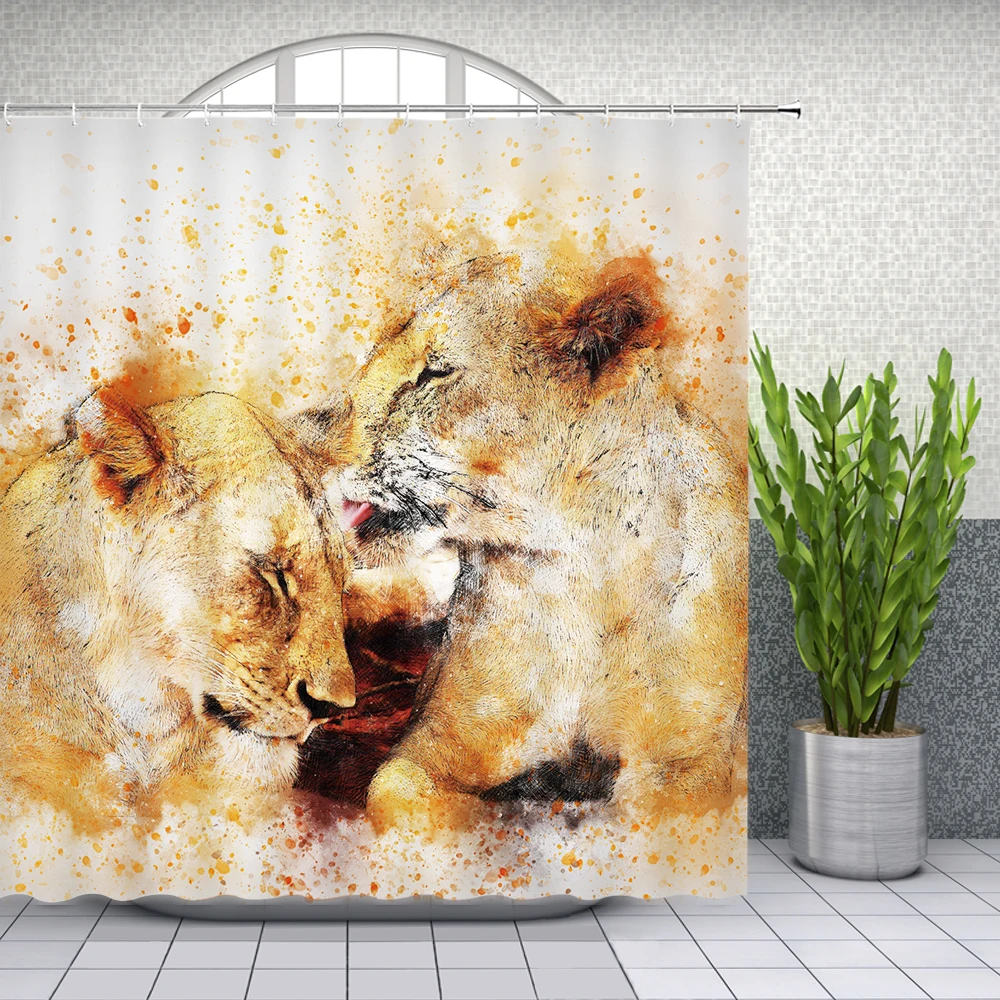 

Africa Wild Animals Shower Curtains Lion Tiger Elephant Bear Leopard Bathroom Decor Waterproof Polyester Cloth Curtain Set Cheap