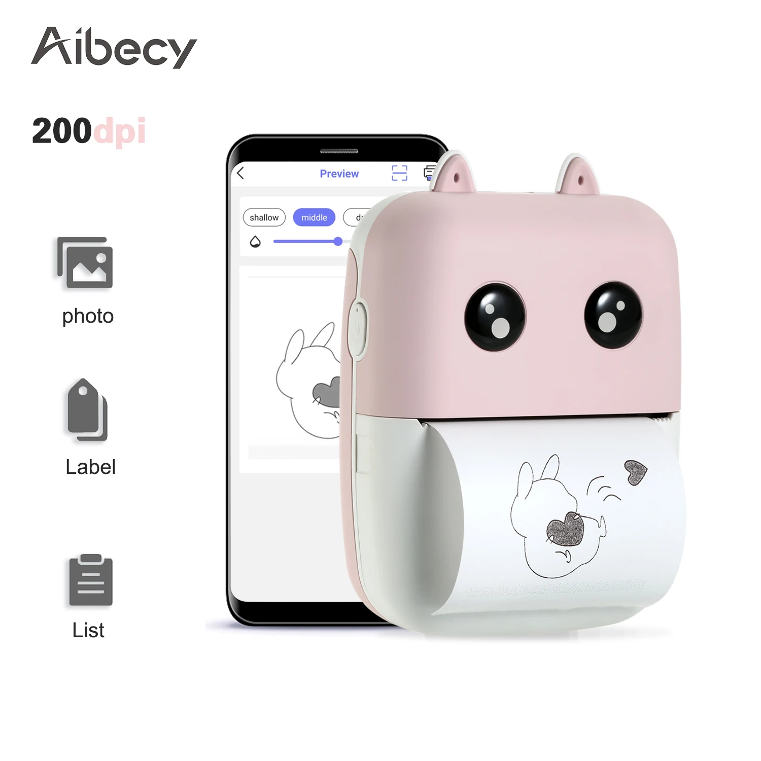 Aibecy 200 точек/дюйм мини принтер Карманный термальный 58 мм беспроводной BT с 1