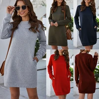 autumnwinter sweatshirt dress womens solid color o neck pocket mini dress warm short dresses long sleeve basic pullover