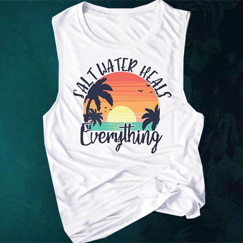 Соленая вода заживляет все Письмо печати Женская майка милые пляжные футболки с