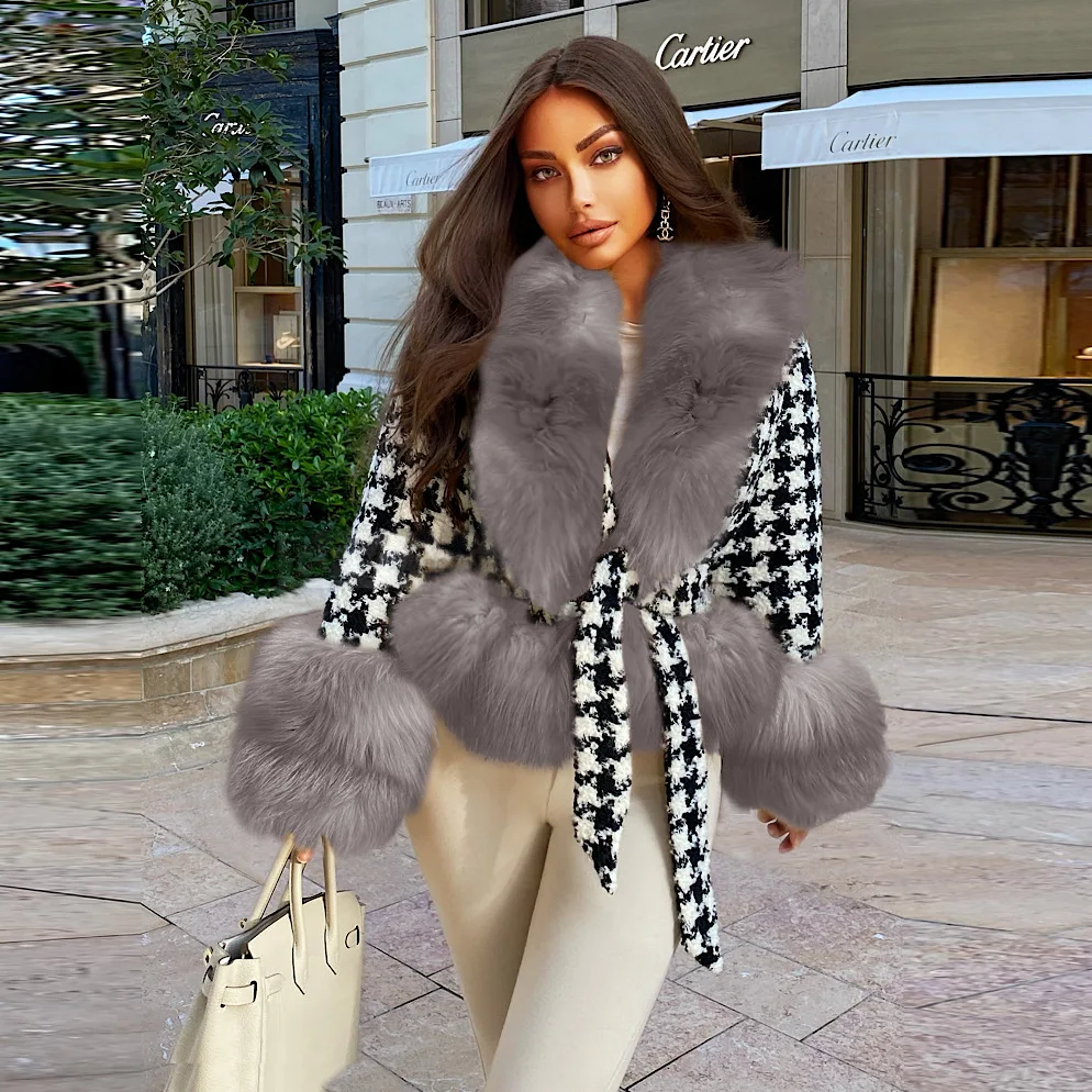 2021 Autumn Winter Thickening Slim Plaid Fur Collar Coat Fashion Casual Lace-up Warm Coat  Women's Houndstooth Short Fur Coat