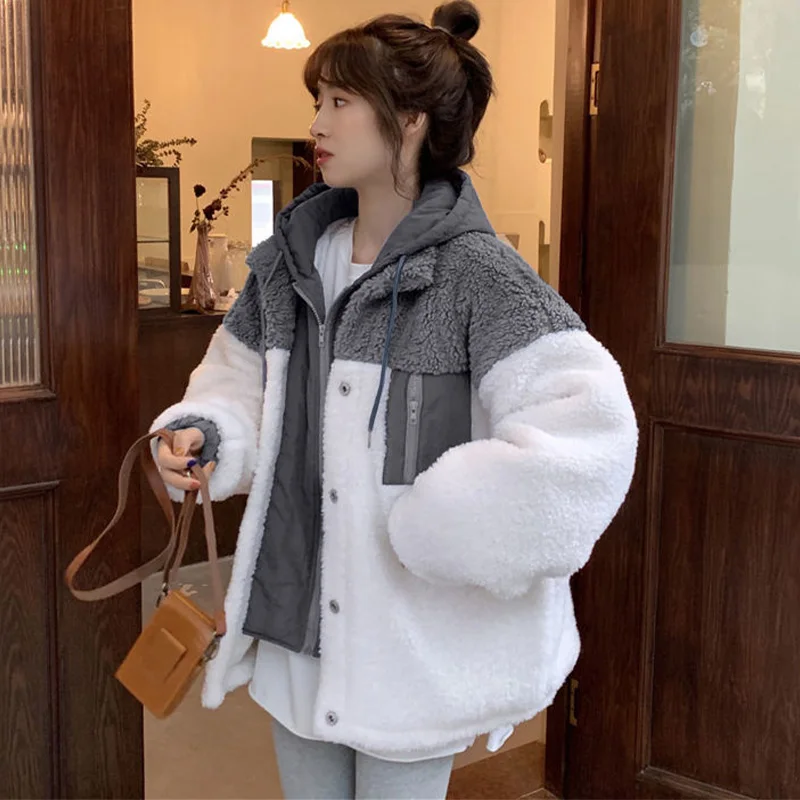 

Loose Large Size Imitation Lamb Wool Female Coats Winter Padded Cotton Hooded Outerwear Korean All-Match Hooded Ladies Jacket
