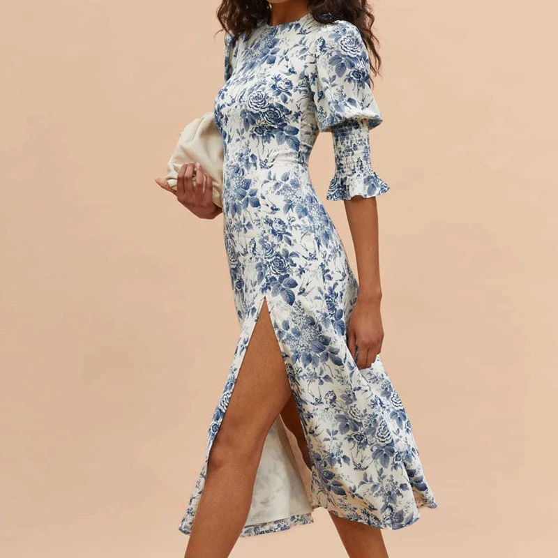 

2021 Summer Women French Flowers Print Dress Chic Elastic Flare Sleeve Ladies Slim Split Long Dress Vestidos Party Night Dress