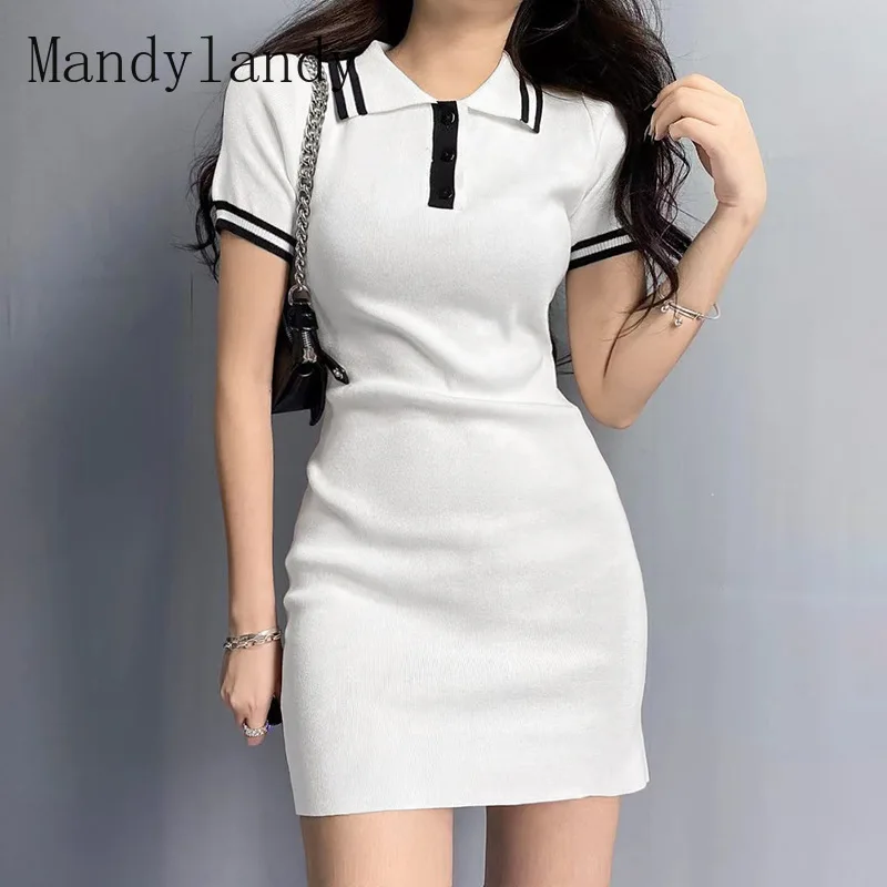

WEPBEL Women Elegant College Style Knitting Bodycon Dress Ladies Fashion New Short Sleeve Turn Down Collar Corset Pencil Dress