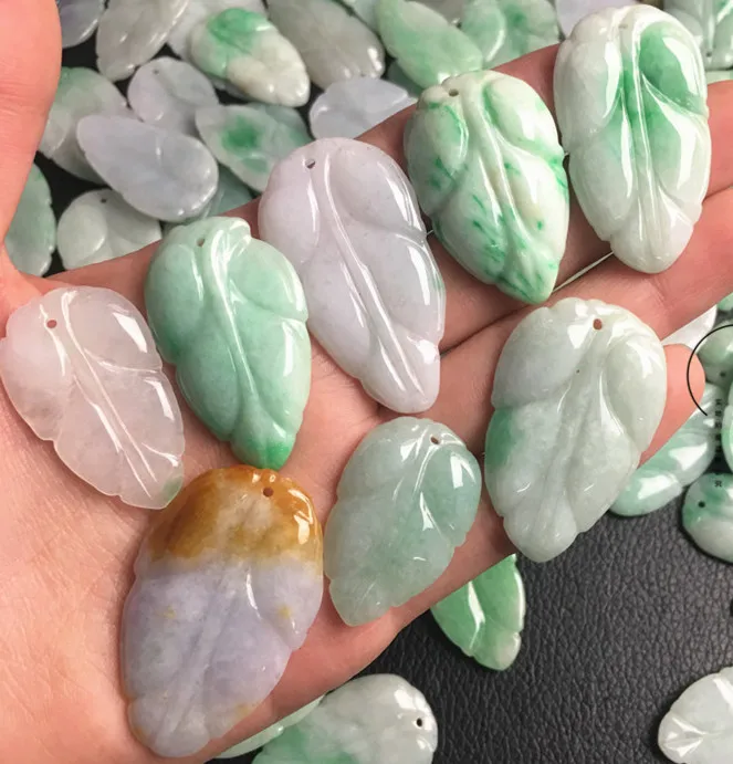 Leaf Grade A Glass jade Type stone ICY Jade Burma Bead hand carved green jadeit Jewelry gift |