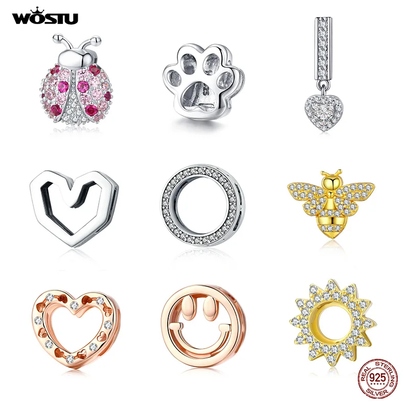 WOSTU, 925 пробы, серебряные, божья коровка, пчела, бусины, сердце, отпечаток ноги, Круглый Шарм, подходят, оригинальные браслеты и браслеты, изготовление ювелирных изделий