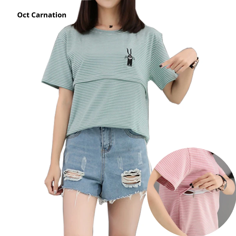 Послеродовая футболка Pinstripe с коротким рукавом топы для беременных забавная