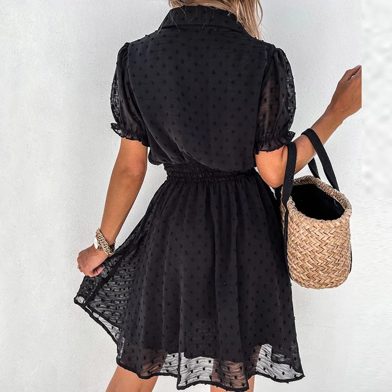 

Elegant Elastic Waist Black Women Dress Summer Dot Lace Mesh Party Dress Autumn Sexy Button Fashion V Neck A-line Party Dresses