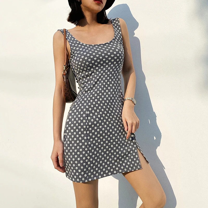 

Women Square Neck Daisy Print Mini Tank Dress