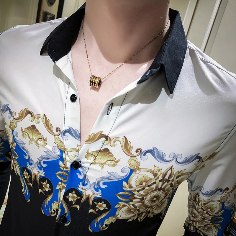 

Long White Black Sleeve Camisa Masculina Chemise Homme Social Men Club Prom Shirt Kemeja Pria Luxury Flower Printing Shirt Men