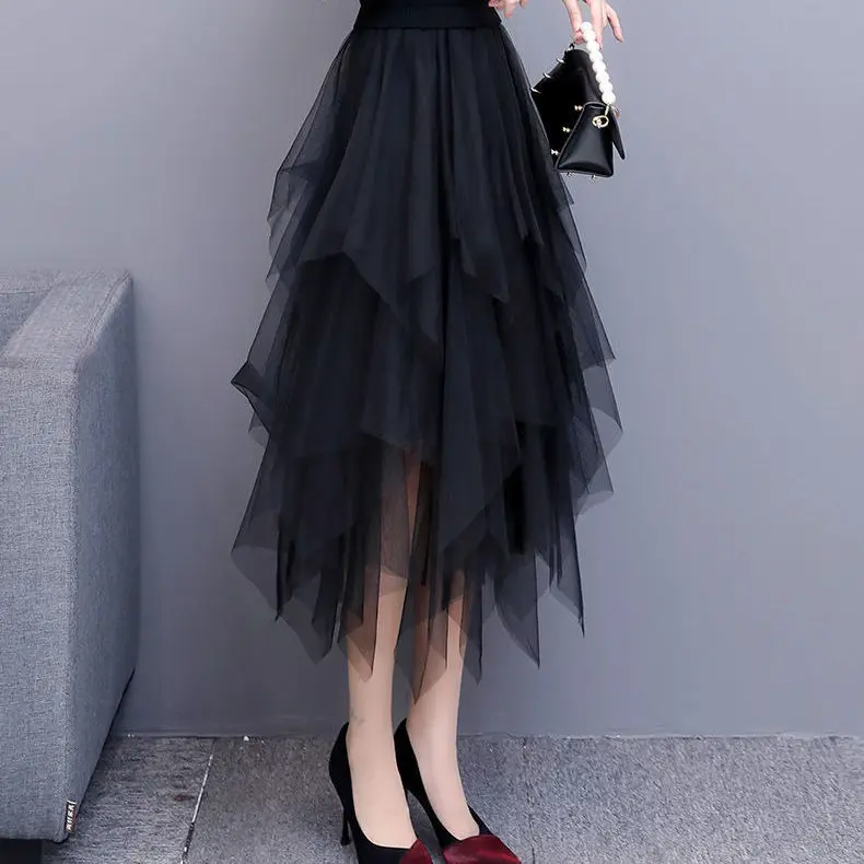 

2021 New Spring Autumn Women Fashion Solid Casual Irregular Mesh Skirts Female Korean High Waist Tulle Pleated Midi Skirts M248