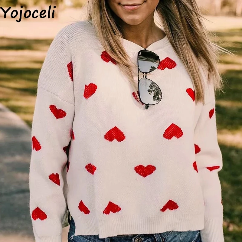 Yojoceli сексуальный вязаный свитер с сердечками для женщин осень зима теплый вязаный джемпер женский Повседневный милый вязаный пуловер Топ