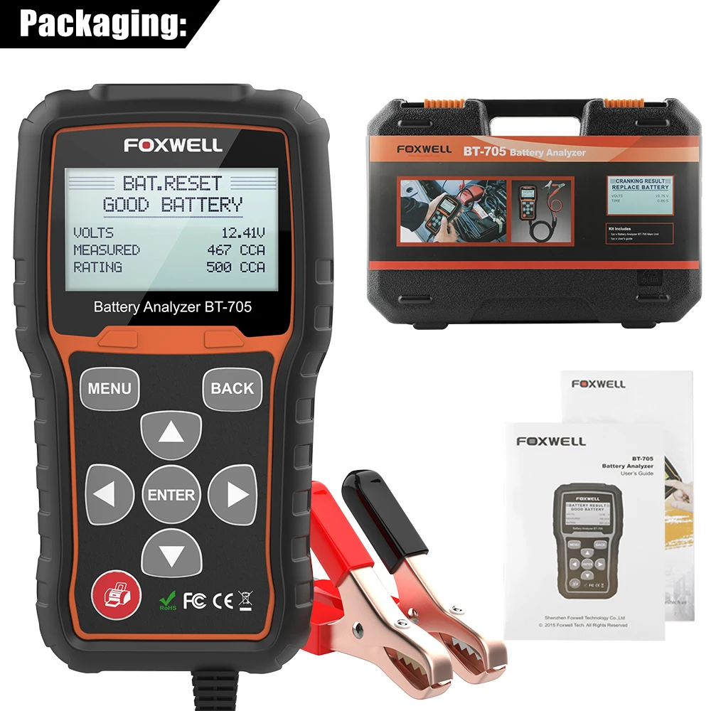 

Профессиональный тестер аккумулятора FOXWELL BT705, 12 В, 24 В, для тяжелых грузовиков, система зарядки, тестер нагрузки батареи 100-2000CCA