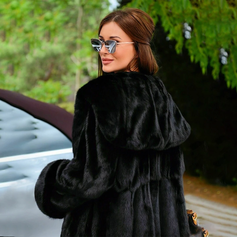 BFFUR Black Genuine Mink Fur Coats For Women 2020 Winter Luxury Long Real Mink Fur Jackets Whole Skin Fur Coat Natural For Woman