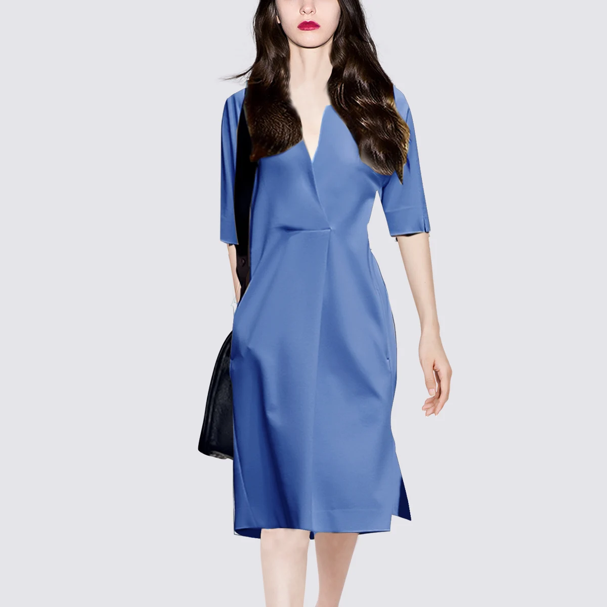 

Atmosphere blue slim dress women's medium-length paragraph 2021 summer five-point sleeve V-neck French celebrity A-line dress