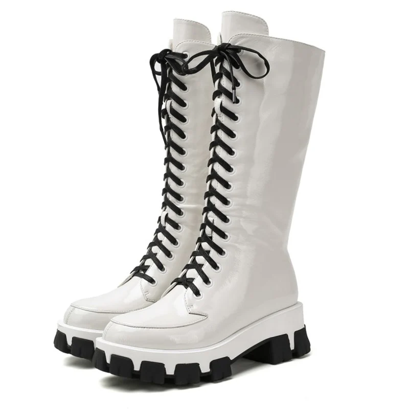 

Sexy Knee High Boots Women Shoes Platform Lace Up Fashion Combat Boots For Women Red White Black Casual Winter Fur Shoes Woman