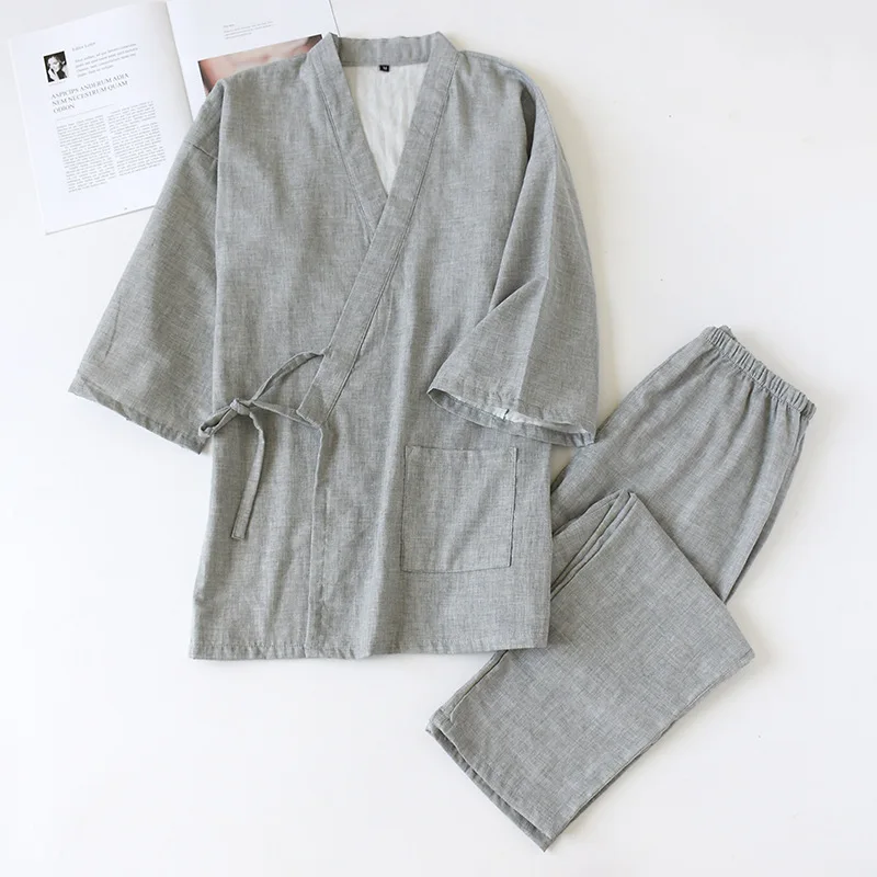 Однотонный японский домашний комплект кимоно из 100% хлопка для пар пижама с