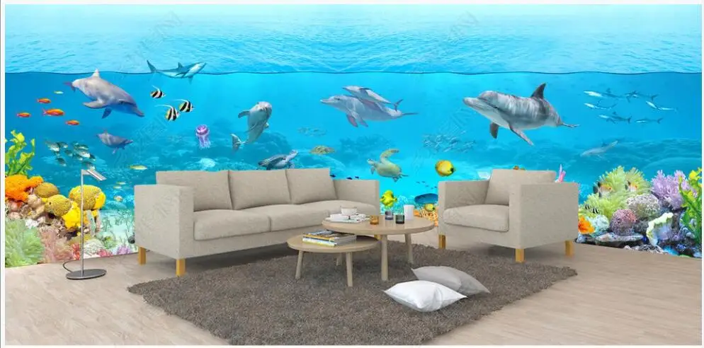 

3d wallpaper for walls in rolls home decor Underwater world dolphin fish coral custom Photo wallpaper 3d living room on the wall
