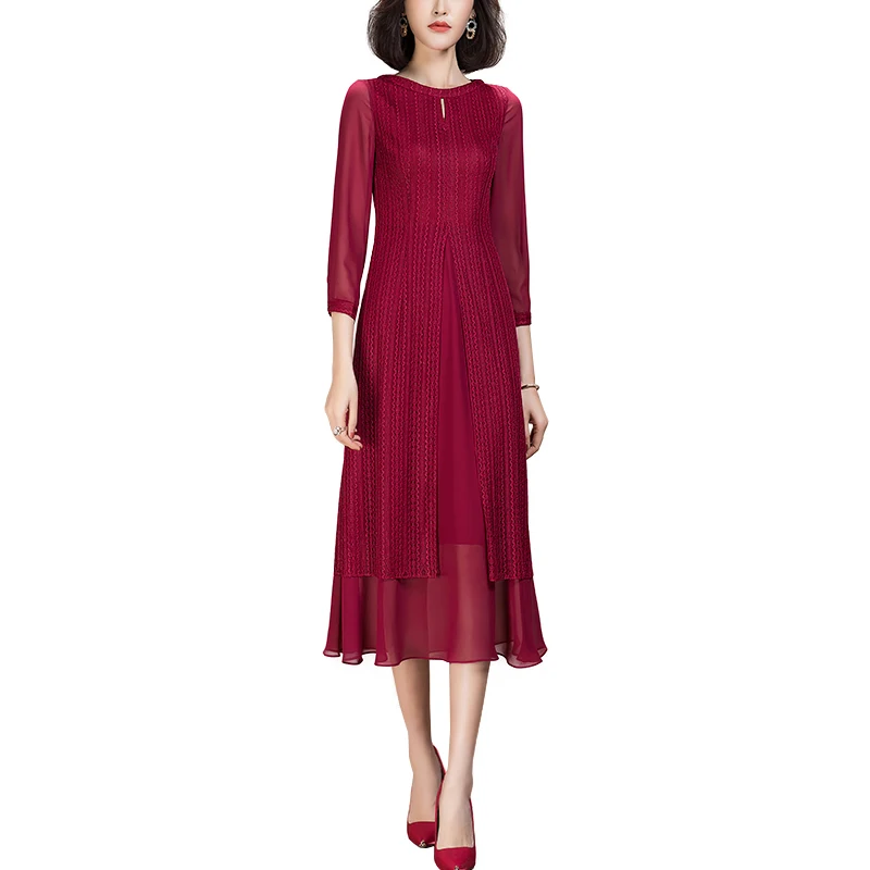 

2021 Spring Latest Arrival Woman's Top Quality Fashion Long Red Lace Dress for Elegant Lady