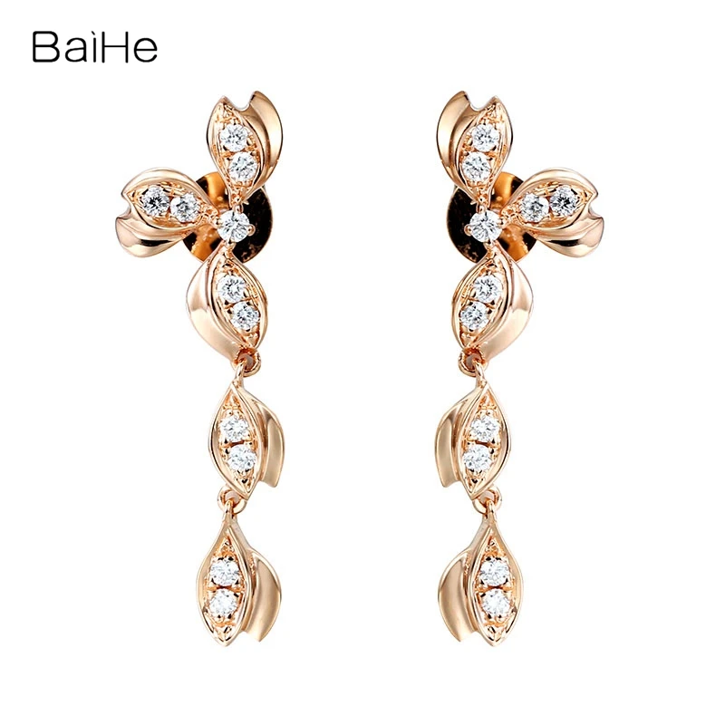 

BAIHE Real Solid 14K White Gold H/SI Natural Diamonds Earrings Wedding Beautiful Flower Earrings Leaf Stud Earrings Women Girl