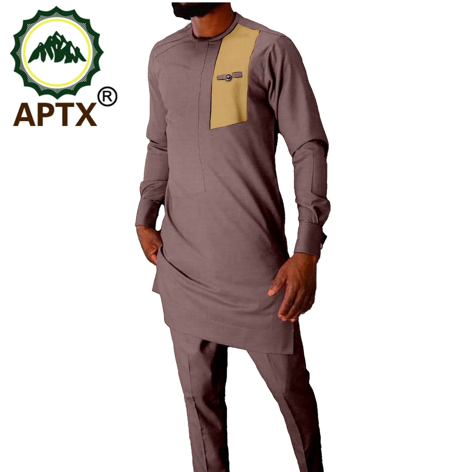 African Clothes For Men Rich Bazin Bicolor Style Splicing Crew Neck Robe Long Sleeve Traditional Top And Pants Contracted Set