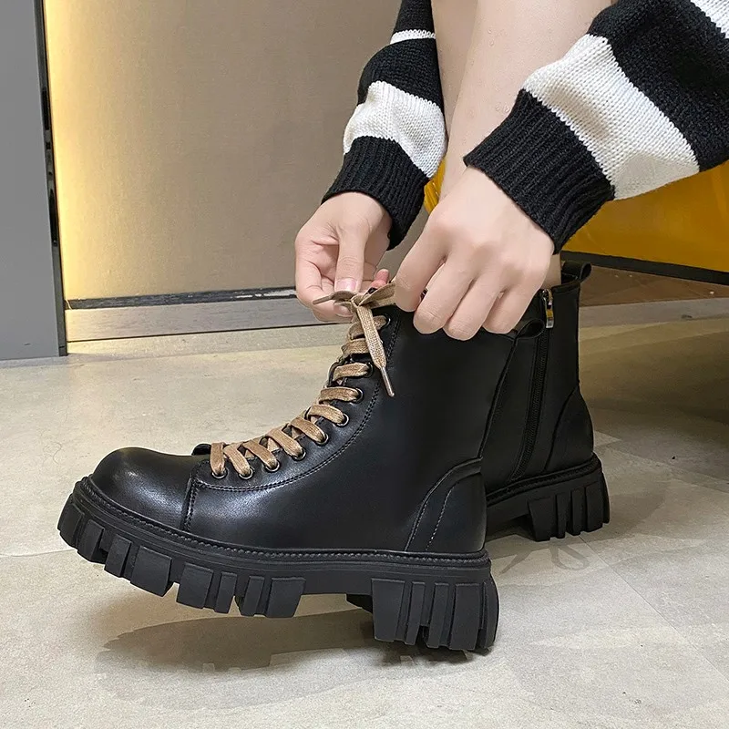 

Women's Short Boots Fashion Platform Pu Leather Thick Heel 2022 Winter New Lace-up Zipper Round Head Women's Casual Ankle Boots