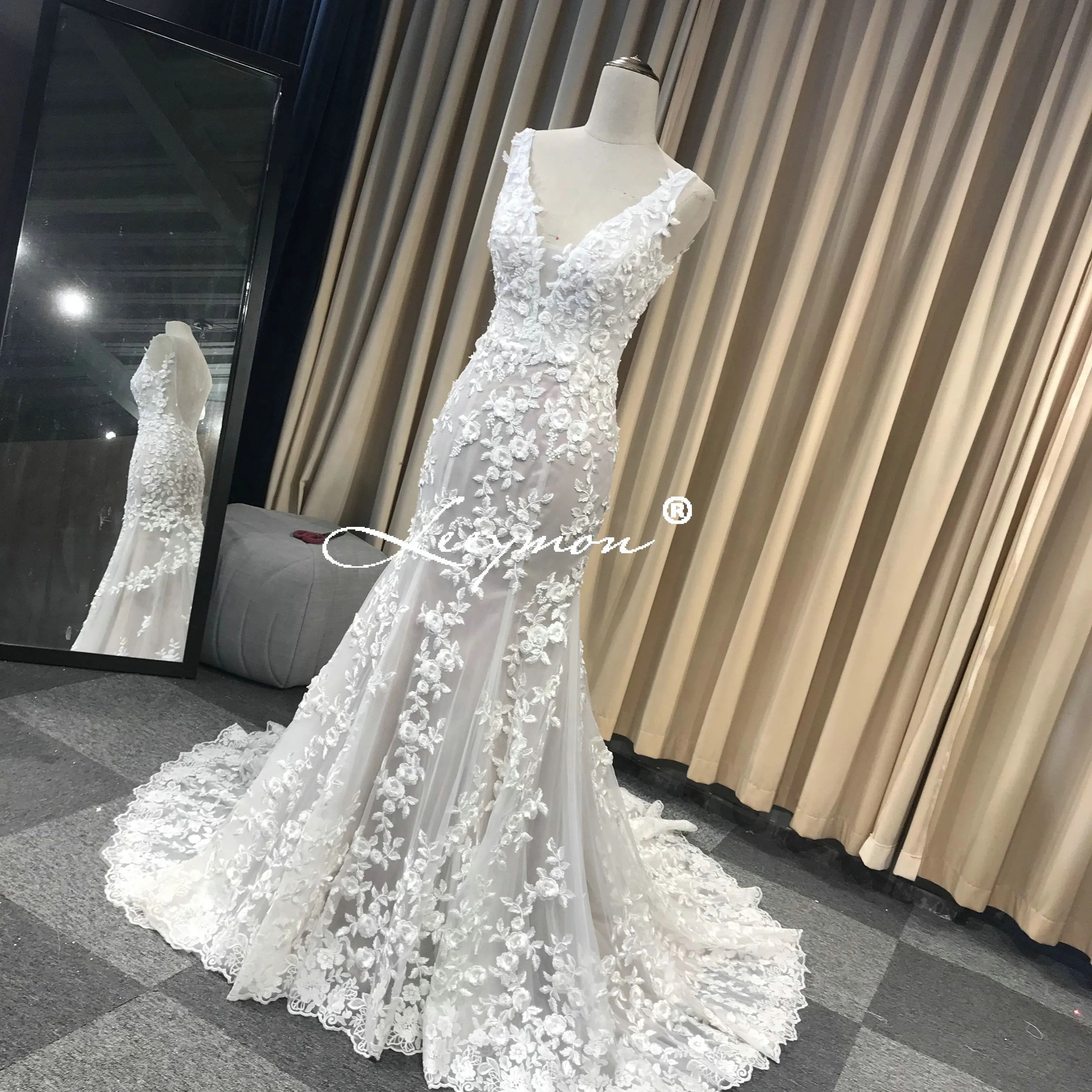 Leeymon свадебное платье с кружевной аппликацией в стиле русалки цвета слоновой