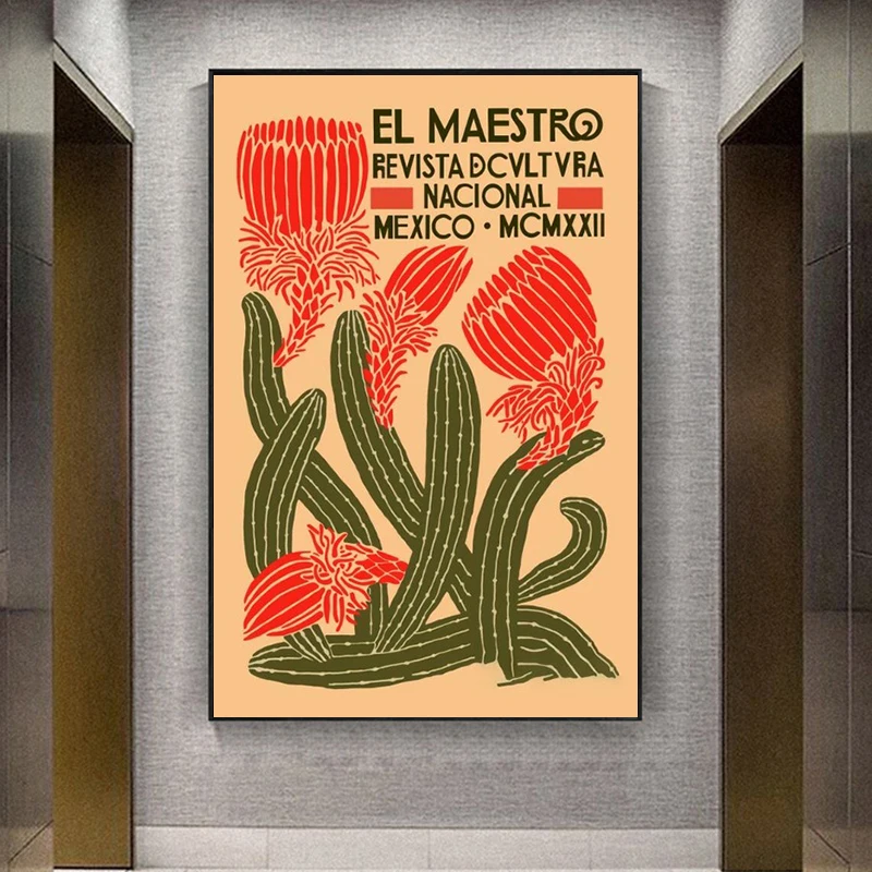 Винтажная парусиновая картина с изображением кактуса в стиле мексиканского