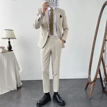 Traje de estilo coreano ligero para hombre, traje de moda con borde de bambú, traje de un botón, traje informal de estilo coreano, traje de dos piezas (4)