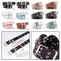 women punk leather belt for jeans dress double grommet hollow waist belts