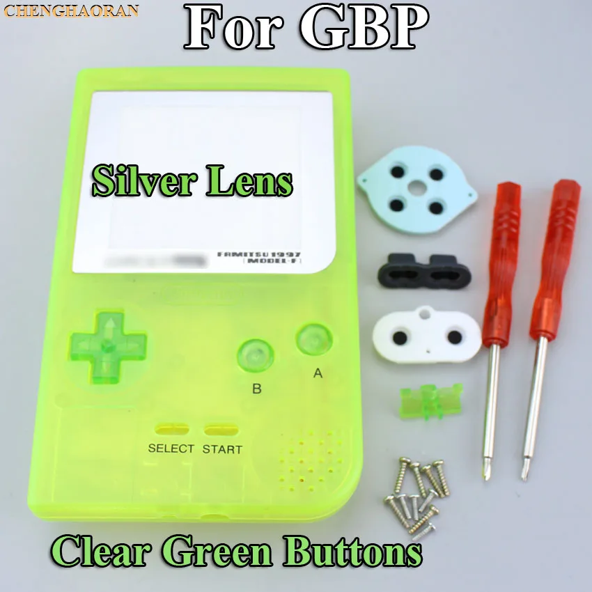 1set Luminous Yellow Green Housing Shell case cover For Gameboy Pocket Console Screwdriver Rubber Silver lens Blue Button Kit |