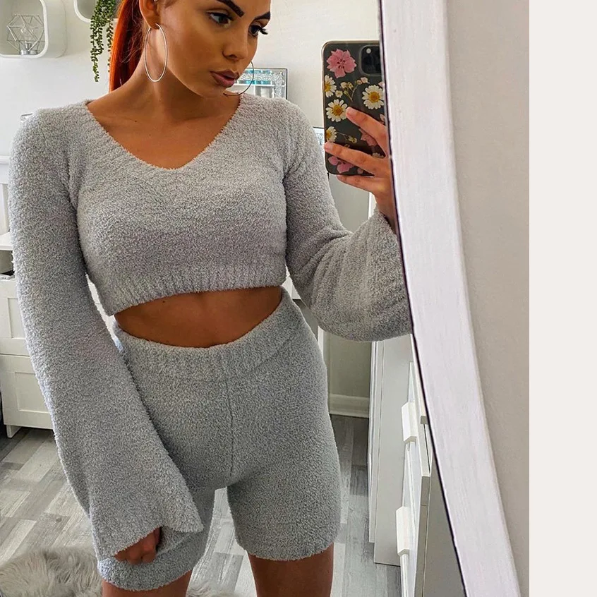 

2021 Summer New Casual Fashion Plush V-neck Cropped Flared Sleeve Sweater Shorts Two-piece Suit Women