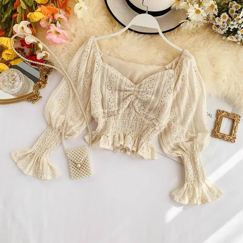 2019 new fashion women's blouse shirt Fresh and sweet short lace lantern sleeve | Женская одежда