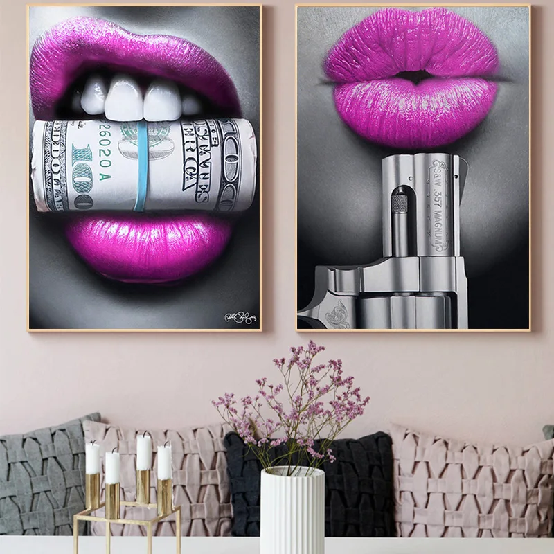 

Canvas Painting Modern Sexy Purple Lips Money Wall Art Printing Poster for Living Room Home Decoration Picture Wall Art Picture