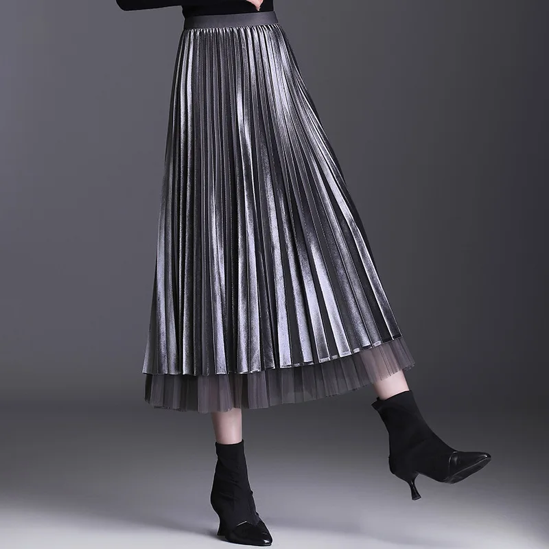 

Both Side Wear Mesh Pleated Skirt Autumn Winter Women Fashion Splice High Waist Loose Big Hem Casual Long Skirts Ladies