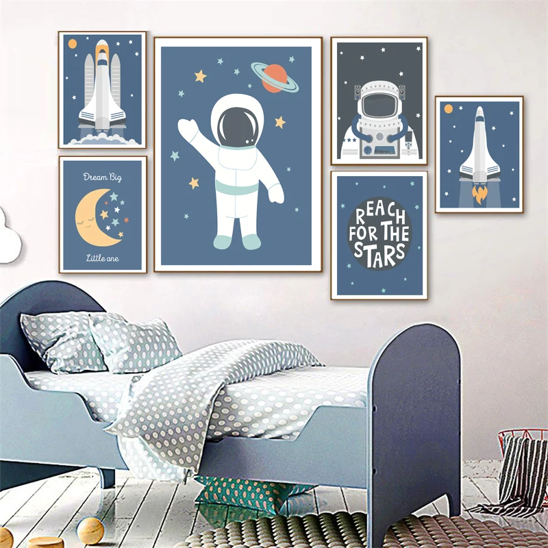

Kids Room Decor Minimalist Modern Wall Poster Space Cartoon Cosmonaut Planet Rocket Alphabet Picture Nursery Room Decor