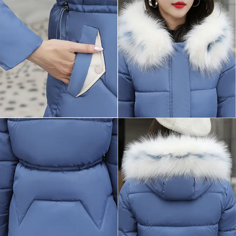 

2021 Winter Windproof Warm Jackets Women Korean Fashion Slim Long Hooded Cotton Jackets Zipper Patchwork Fur Collar Parka Coats