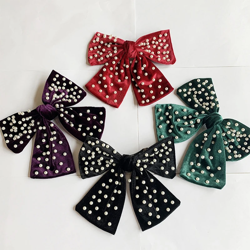

Vintage Pearl Hairpin Solid Color Big Bow Hair Clips Satin Two Layer Butterfly Bow Hairband Women Headband Hair Accessories