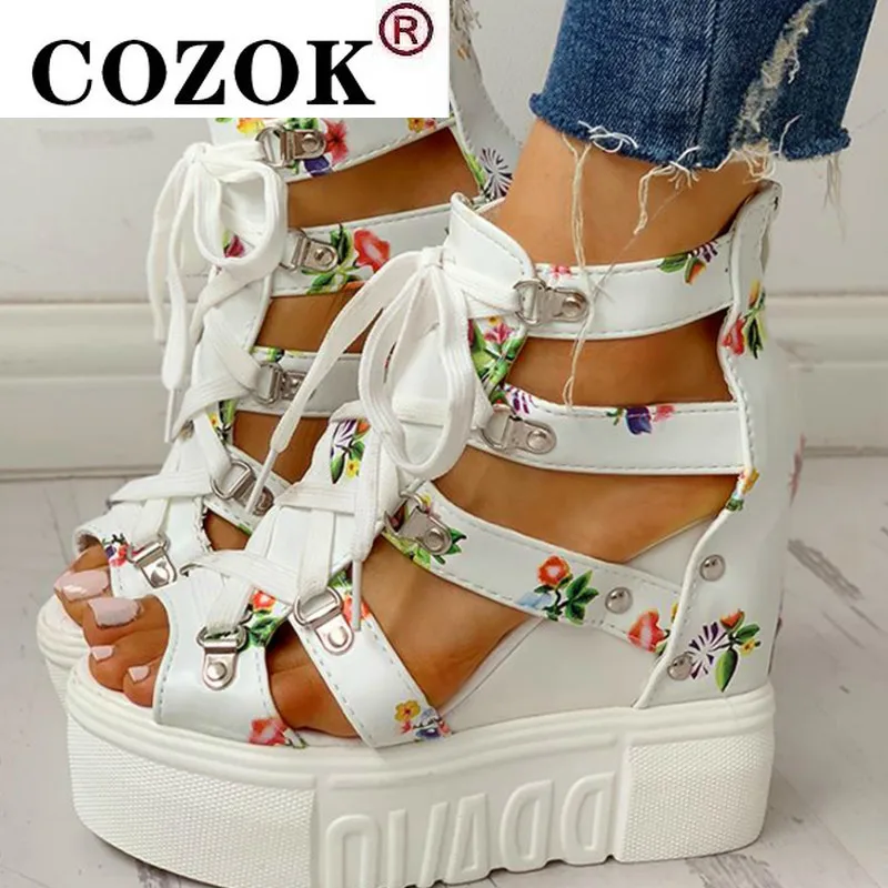 

INS Hot Print Leisure Wedges Women's Shoes 2022 Summer Shoes Women Sandals Platform Shoelaces High Heels Casual Shoes Woman